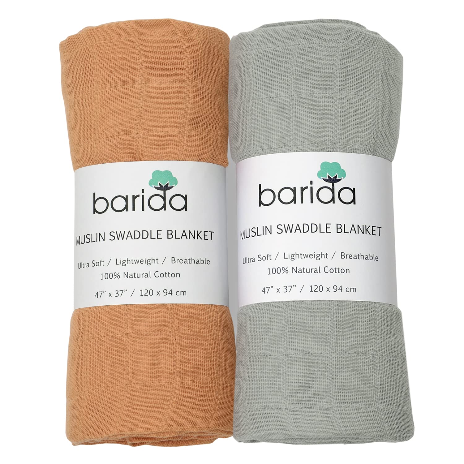 Barida Muslin Blankets for Girls & Boys, Premium Cotton Large Multiuse Lightweight Ultra Soft Muslin Blanket Baby, Muslin Swaddle Blankets Boy, 2 Pack Muslin Throw Blanket (Orange- Sage Green)