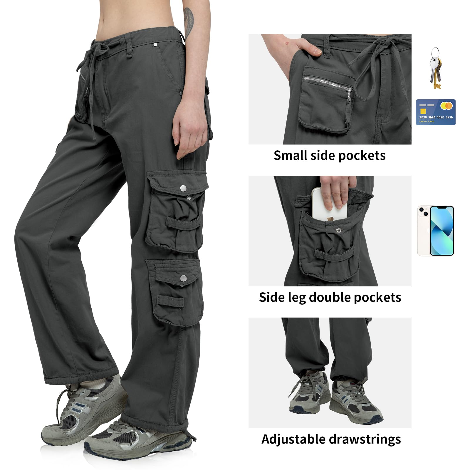 Cargo Pants Women Tactical Baggy Hiking Cargo Pants with 9 Pockets Cotton Military Casual Army Combat Work Pants Dark Gray L