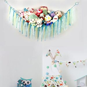 Stuffed Animal Net or Hammock with LED Light, Toy Hammock Hanging Stuffed Animal Storage Organizer Holder for Nursery Playroom Bedroom Kids Room Toy Storage (Blue)