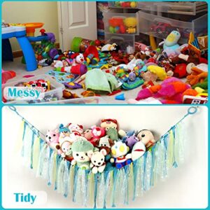 Stuffed Animal Net or Hammock with LED Light, Toy Hammock Hanging Stuffed Animal Storage Organizer Holder for Nursery Playroom Bedroom Kids Room Toy Storage (Blue)