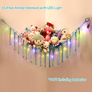 Stuffed Animal Net or Hammock with LED Light, Toy Hammock Hanging Stuffed Animal Storage Organizer Holder for Nursery Playroom Bedroom Kids Room Toy Storage (Blue)