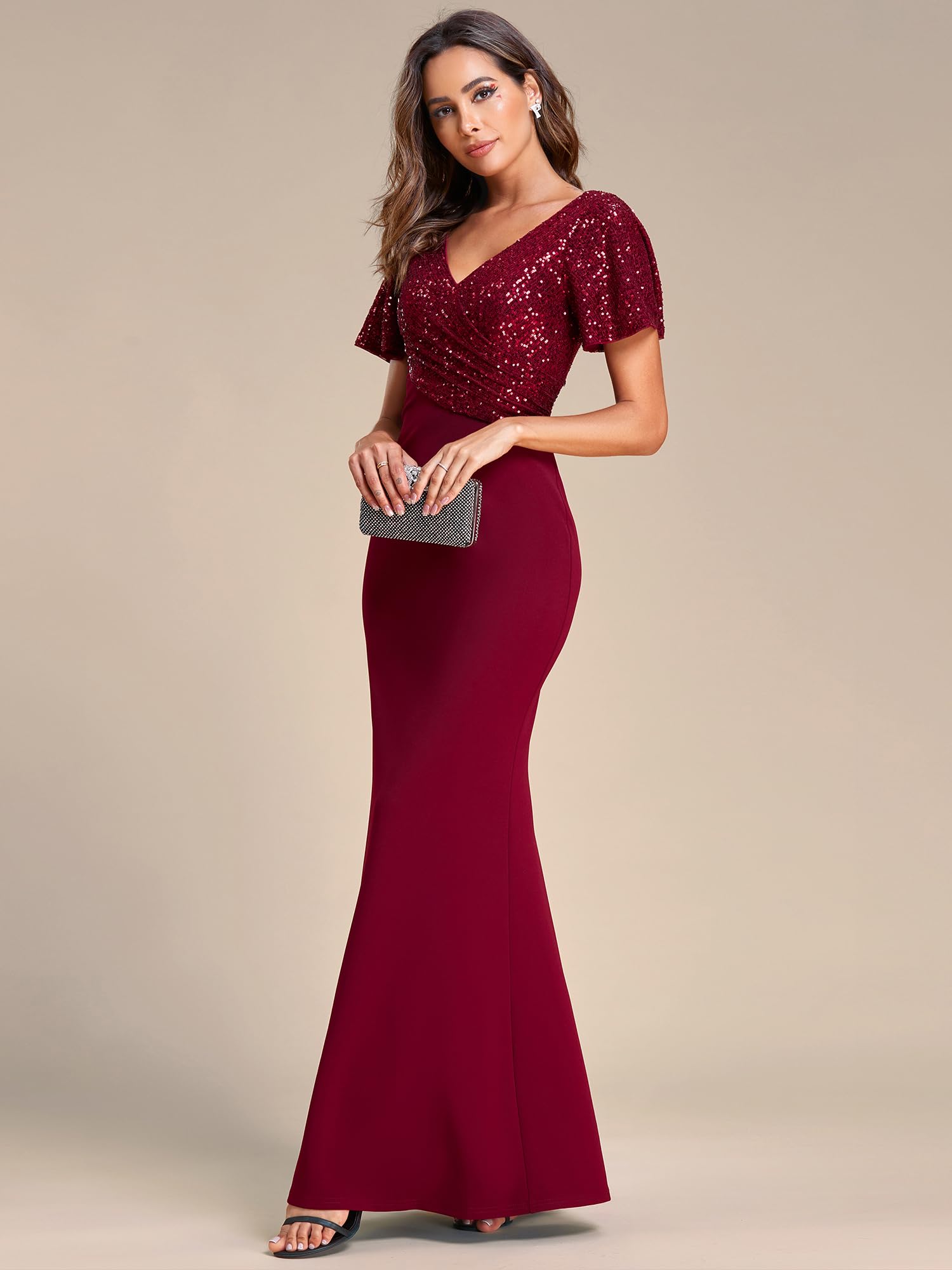 Ever-Pretty Women's Fall V-Neck Short Sleeves Sequin Top Mermaid Long Evening Party Dress Burgundy US10