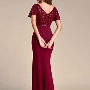 Ever-Pretty Women's Fall V-Neck Short Sleeves Sequin Top Mermaid Long Evening Party Dress Burgundy US10