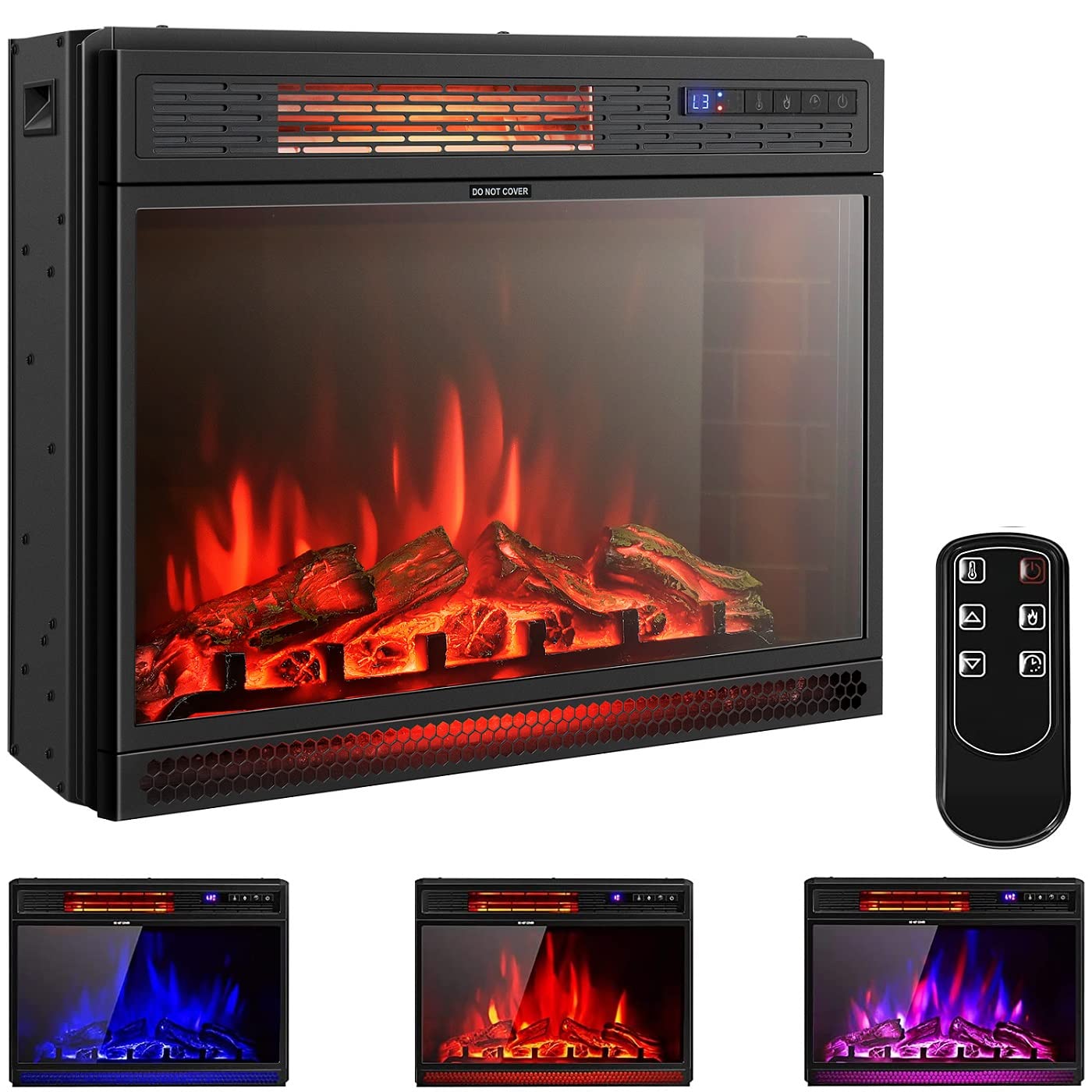 SIMOE 28 Inch Electric Fireplace Inserts, 900/1350W Wall-recessed & Freestanding Fireplace Heater with 3D Flame Colors and 4 Adjustable Brightness, 0-6H Timer, Remote Control, LED Display Fireplace