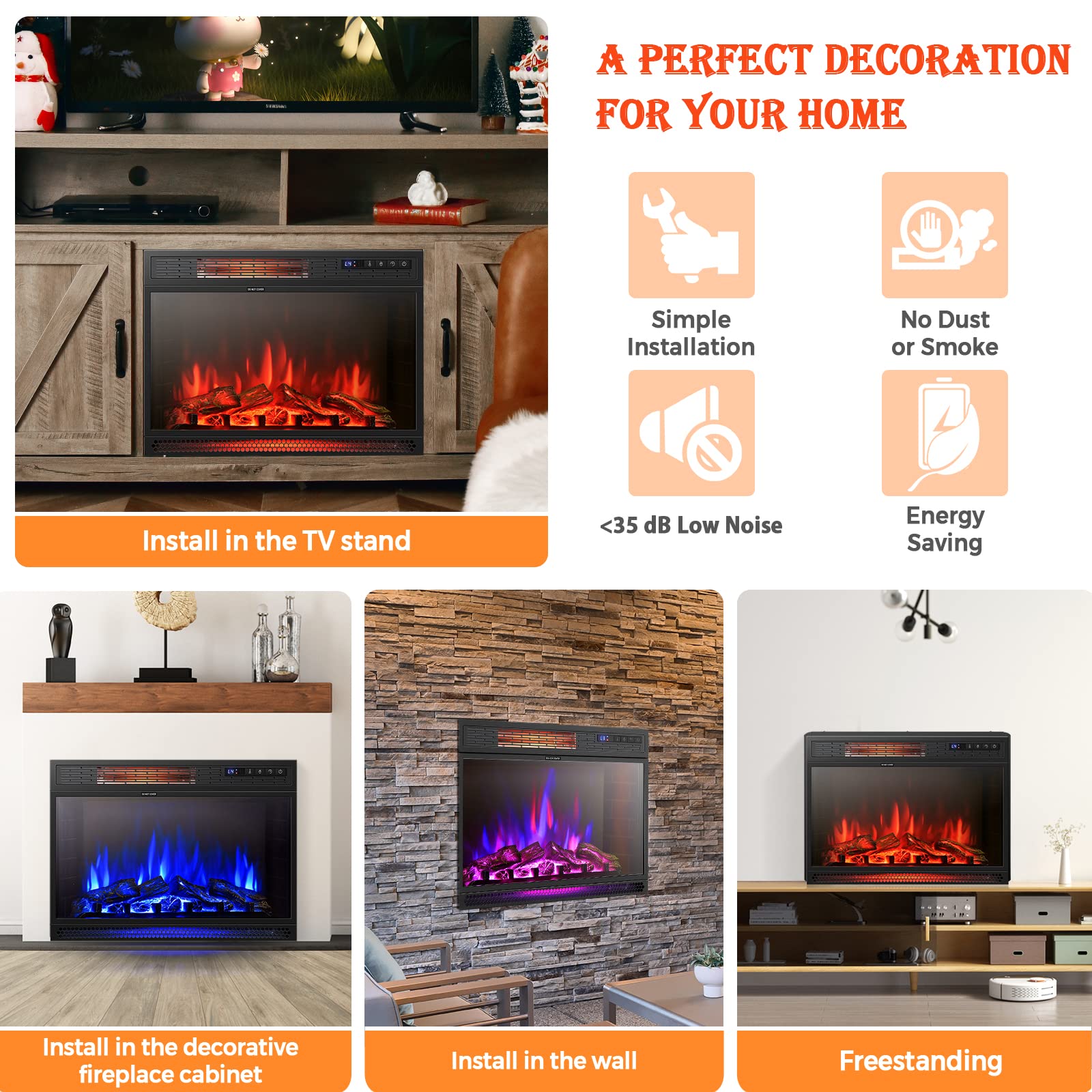 SIMOE 28 Inch Electric Fireplace Inserts, 900/1350W Wall-recessed & Freestanding Fireplace Heater with 3D Flame Colors and 4 Adjustable Brightness, 0-6H Timer, Remote Control, LED Display Fireplace