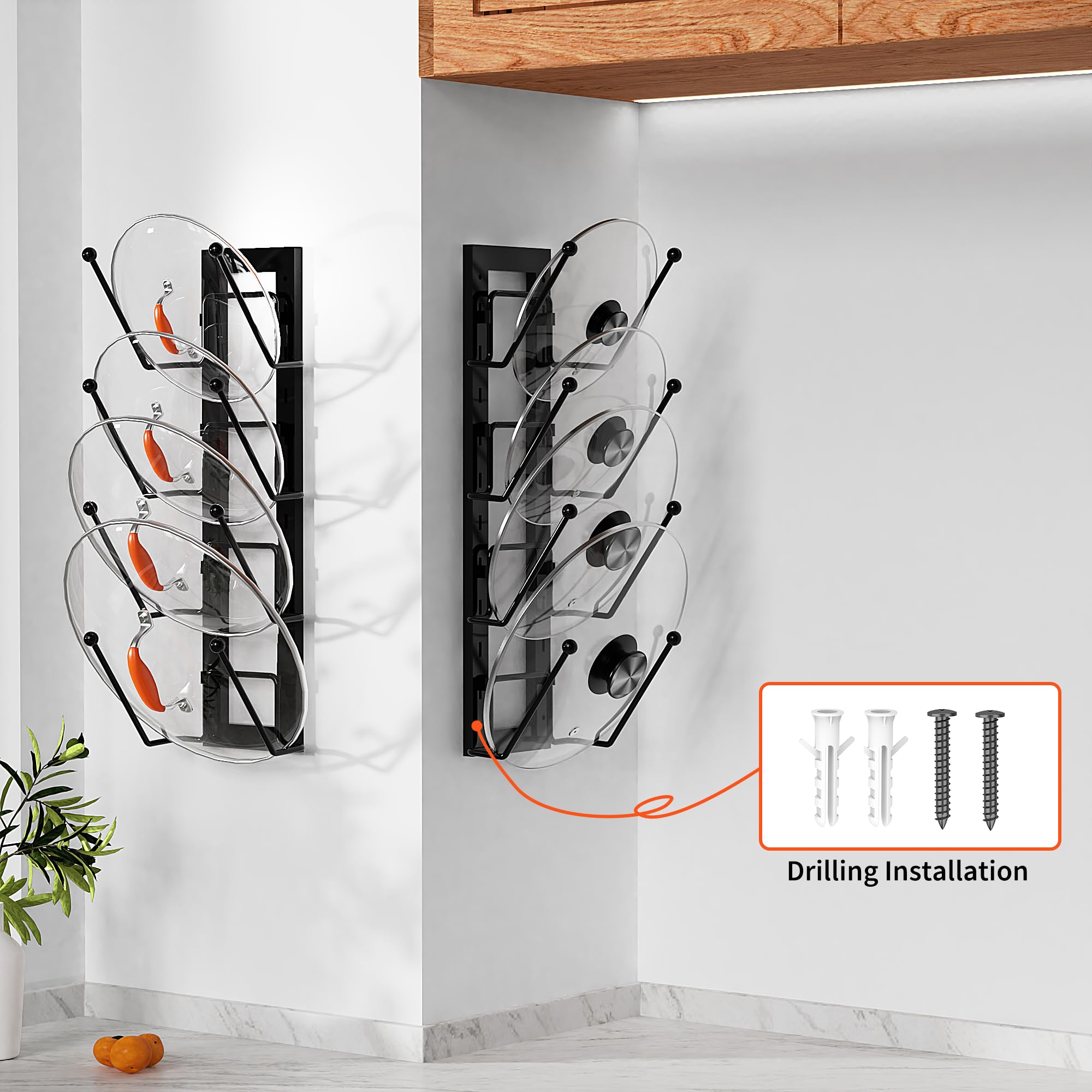 8 Layers of Adjustable Pot Lid Organizer Rack for Cabinet Door/Wall，2Pack Lid Organizer Pots and Pans Holder for Kitchen Storage with No Drilling Adhesive (Black)