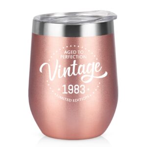 vintage 1983 40 year old presents for women wine tumbler 1983 40th birthday gifts for women, 12 oz insulated stainless steel wine tumbler with lid for party anniversary reunion decorations, rose gold