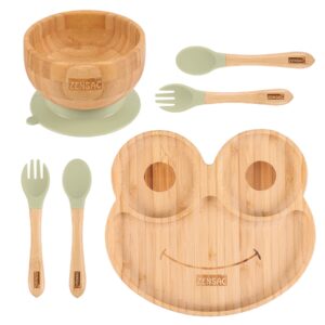 6pcs bamboo baby feeding set, baby suction bowl & plate with silicone spoons & forks, wooden feeding supplies for infant & toddlers, baby led weaning supplies non slip & bpa free (green-frog)