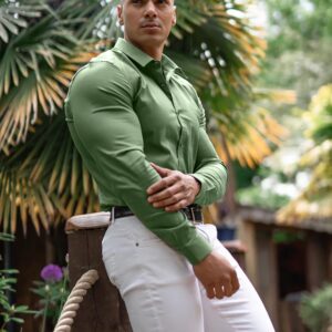 URRU Men's Muscle Dress Shirts Slim Fit Stretch Long Sleeve Casual Button Down Shirts Army Green M