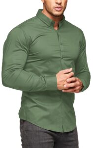 urru men's muscle dress shirts slim fit stretch long sleeve casual button down shirts army green l