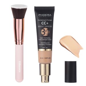 phoera cc+ cream,full coverage foundation，color correcting cream,anti aging hydrating serum & spf 25+ sunscreen - natural finish - 1.08 fl oz (120 nude)