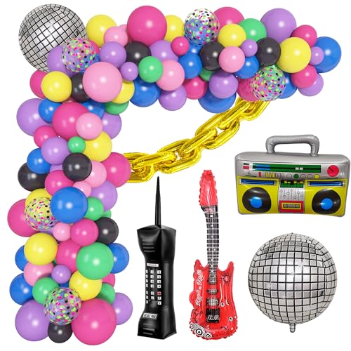 80S 90S Theme Party Decorations, 101Pcs Disco Balloon Arch Garland Kit with 13Pcs Inflatable Radio Retro Mobile Phone Guitar Gold Foil Chains Balloons Decor for Back to 80s 90s Hip Hop Birthday Party