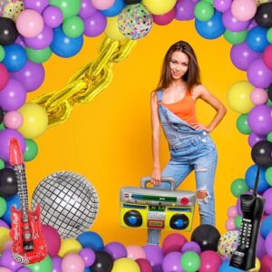 80S 90S Theme Party Decorations, 101Pcs Disco Balloon Arch Garland Kit with 13Pcs Inflatable Radio Retro Mobile Phone Guitar Gold Foil Chains Balloons Decor for Back to 80s 90s Hip Hop Birthday Party
