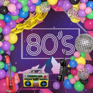 80S 90S Theme Party Decorations, 101Pcs Disco Balloon Arch Garland Kit with 13Pcs Inflatable Radio Retro Mobile Phone Guitar Gold Foil Chains Balloons Decor for Back to 80s 90s Hip Hop Birthday Party