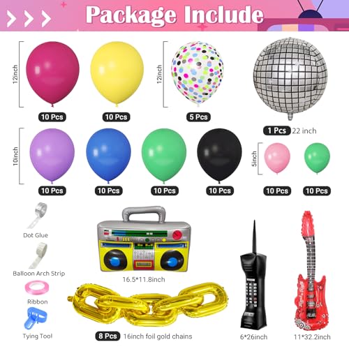 80S 90S Theme Party Decorations, 101Pcs Disco Balloon Arch Garland Kit with 13Pcs Inflatable Radio Retro Mobile Phone Guitar Gold Foil Chains Balloons Decor for Back to 80s 90s Hip Hop Birthday Party