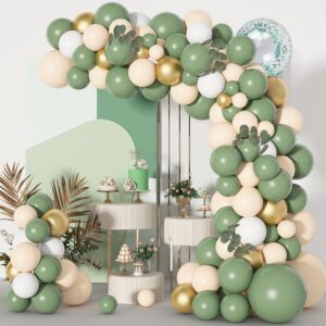ouddy life sage green balloon garland arch kit, olive sage green balloons with bobo balloon of blush white and gold balloons & eucalyptus for birthday baby shower decorations party supplies