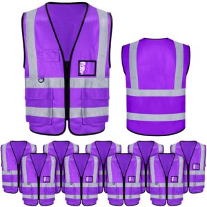 eboot 10 pcs safety vests high visibility safety vest with reflective strips, neon vest construction vest with pockets (purple)