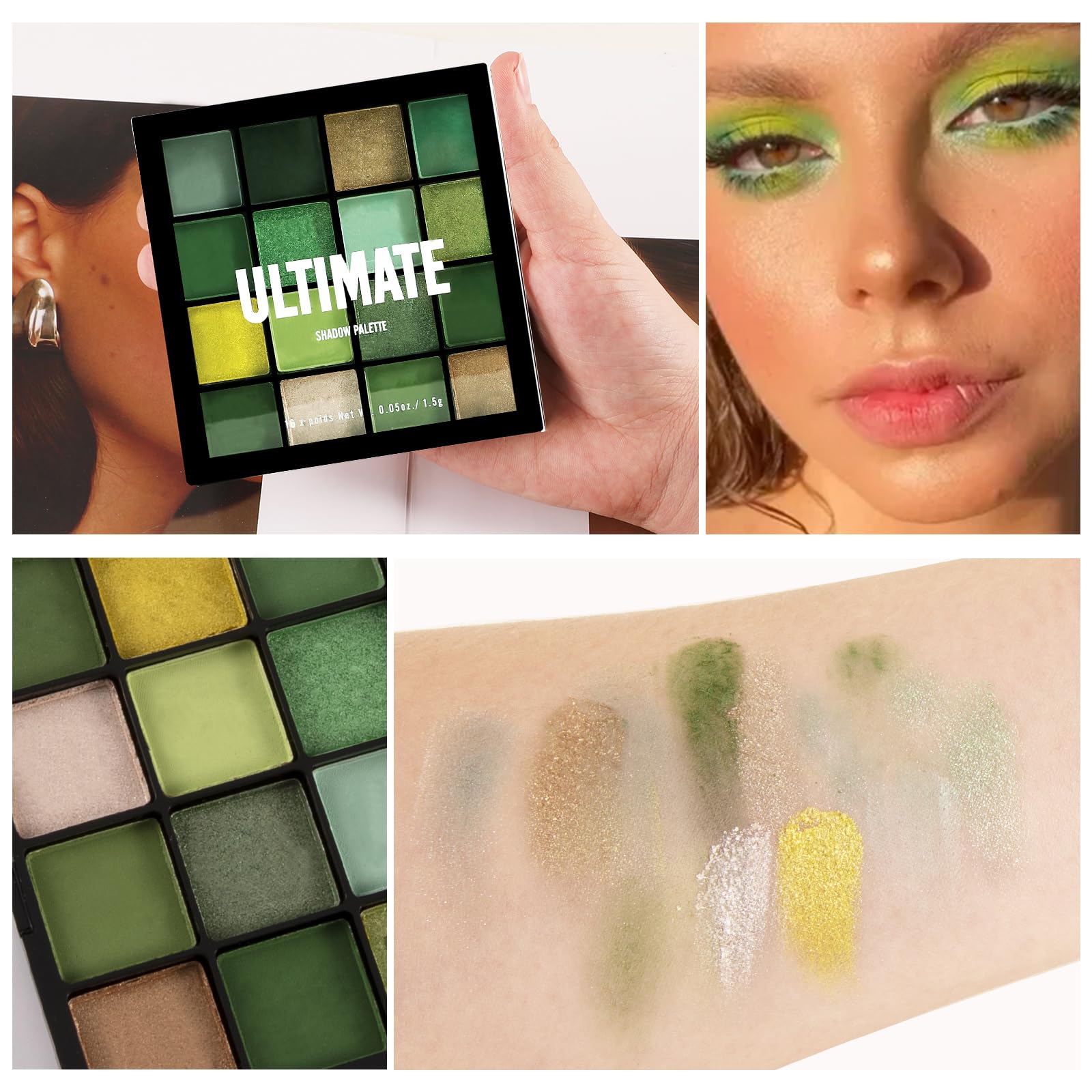 Boobeen Colorful Eyeshadow Palette Makeup-16 Colors, Matte and Glitter Eyeshadow, Bright Eyeshadow palettes, Blendable, Easy to Build Dramatic Glamour Looks (Green)