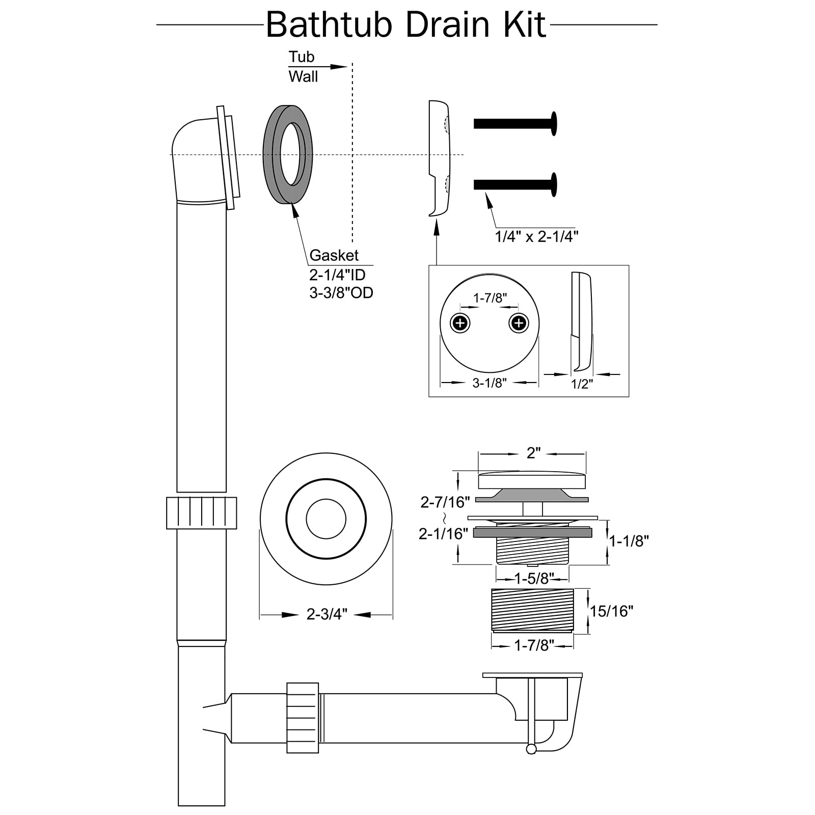 HANEBATH Matte Black Tub Drain Kit, Brass Tip-Toe Bathtub Drain Trim Set and Two-Hole Overflow Cover