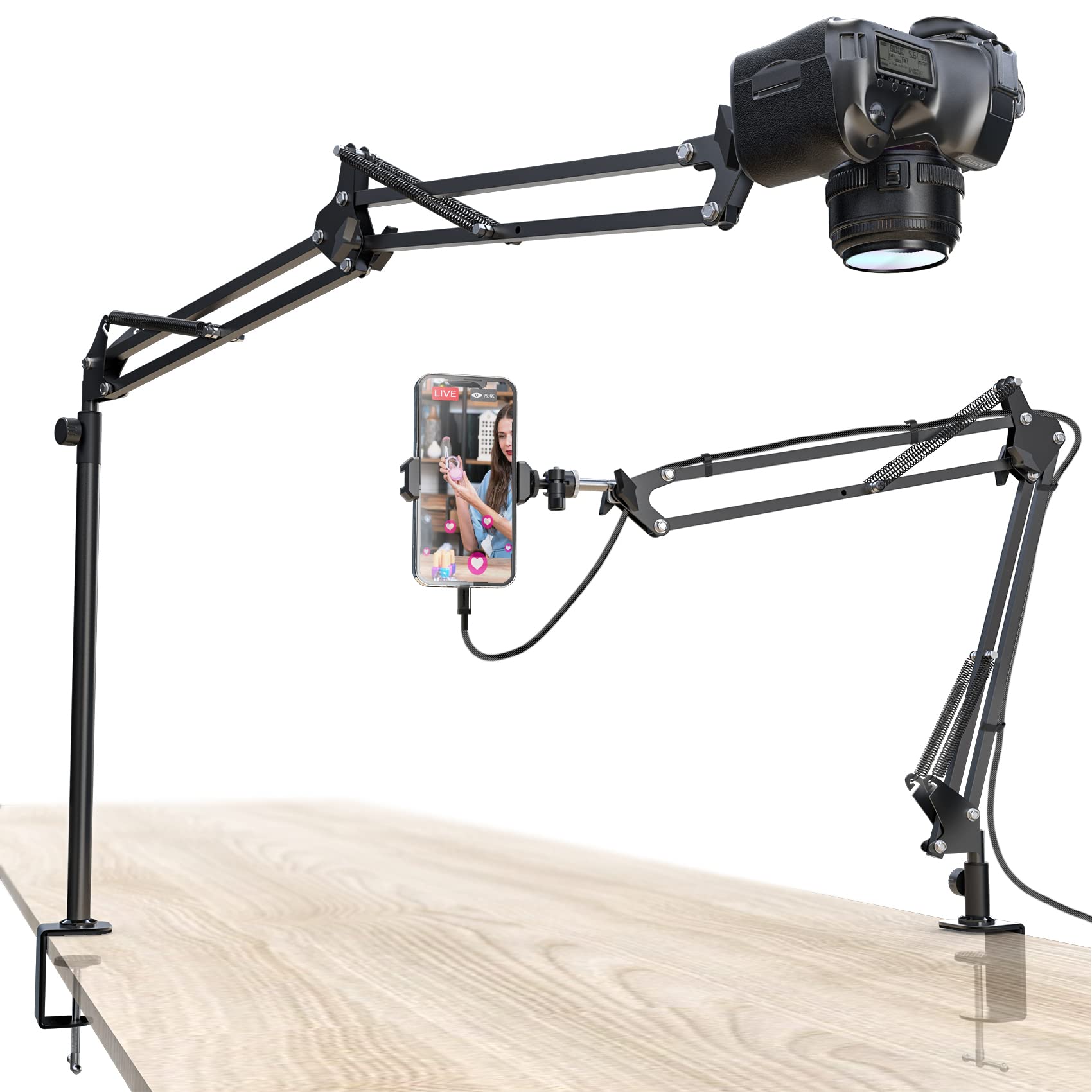 CACENCAN Overhead Camera Mount, 5lb Horizontal Load-Bearing, 360° Adjustable Camera Stand for Desk, Flexible Camera Arm Desk Mount, with Phone Clamp, Tabletop Mount for DSLR Camera/Webcam/Microphone