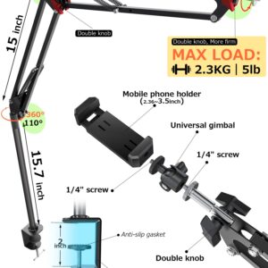 CACENCAN Overhead Camera Mount, 5lb Horizontal Load-Bearing, 360° Adjustable Camera Stand for Desk, Flexible Camera Arm Desk Mount, with Phone Clamp, Tabletop Mount for DSLR Camera/Webcam/Microphone