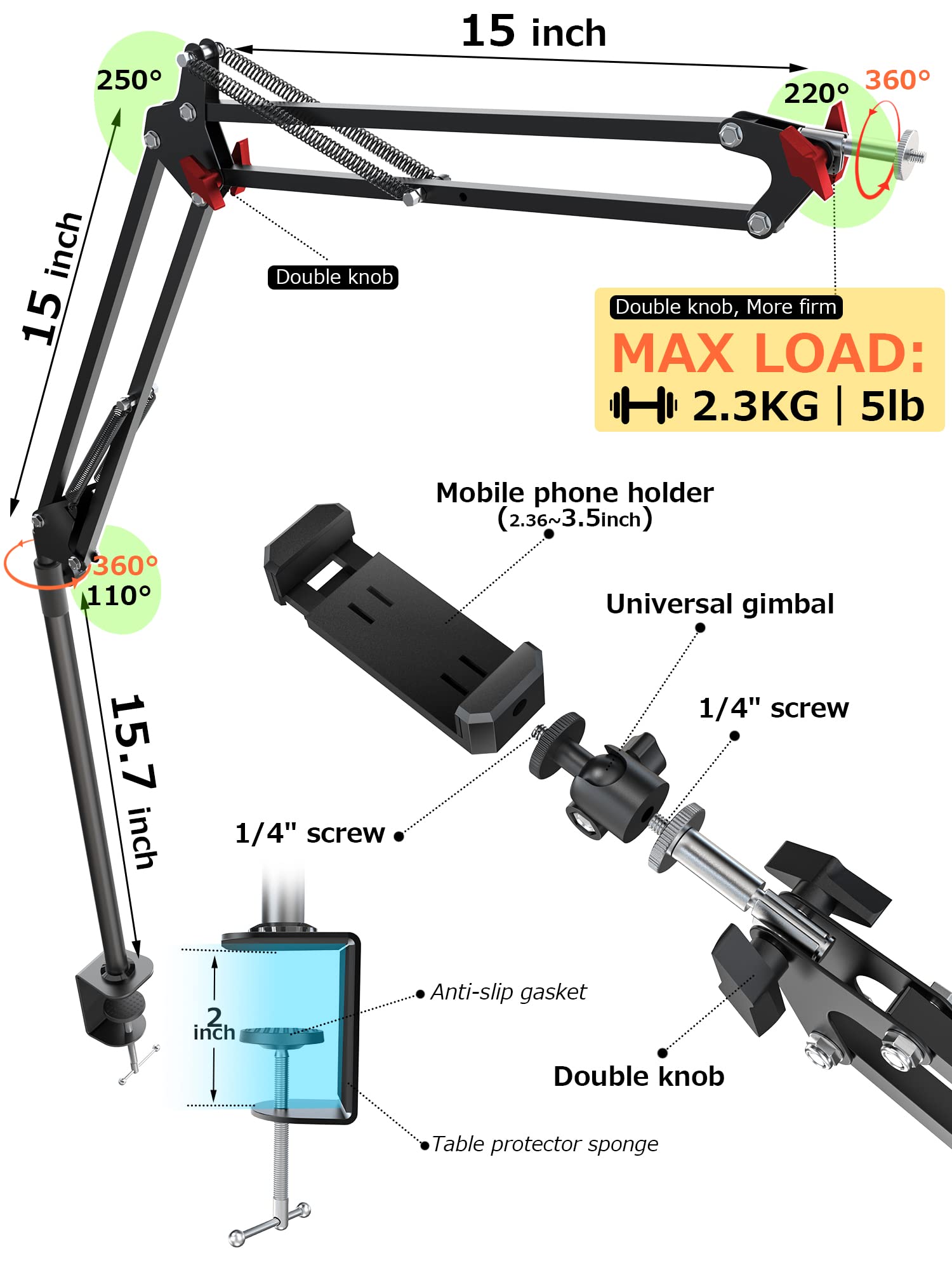 CACENCAN Overhead Camera Mount, 5lb Horizontal Load-Bearing, 360° Adjustable Camera Stand for Desk, Flexible Camera Arm Desk Mount, with Phone Clamp, Tabletop Mount for DSLR Camera/Webcam/Microphone