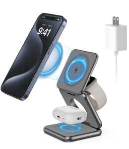 ku xiu foldable magnetic wireless charger, aluminum alloy 3 in 1 charging station for apple, fast mag-safe charger stand for iphone 15 14 13 12 pro/max/plus, for airpods 3/2/pro,5w for iwatch-gray