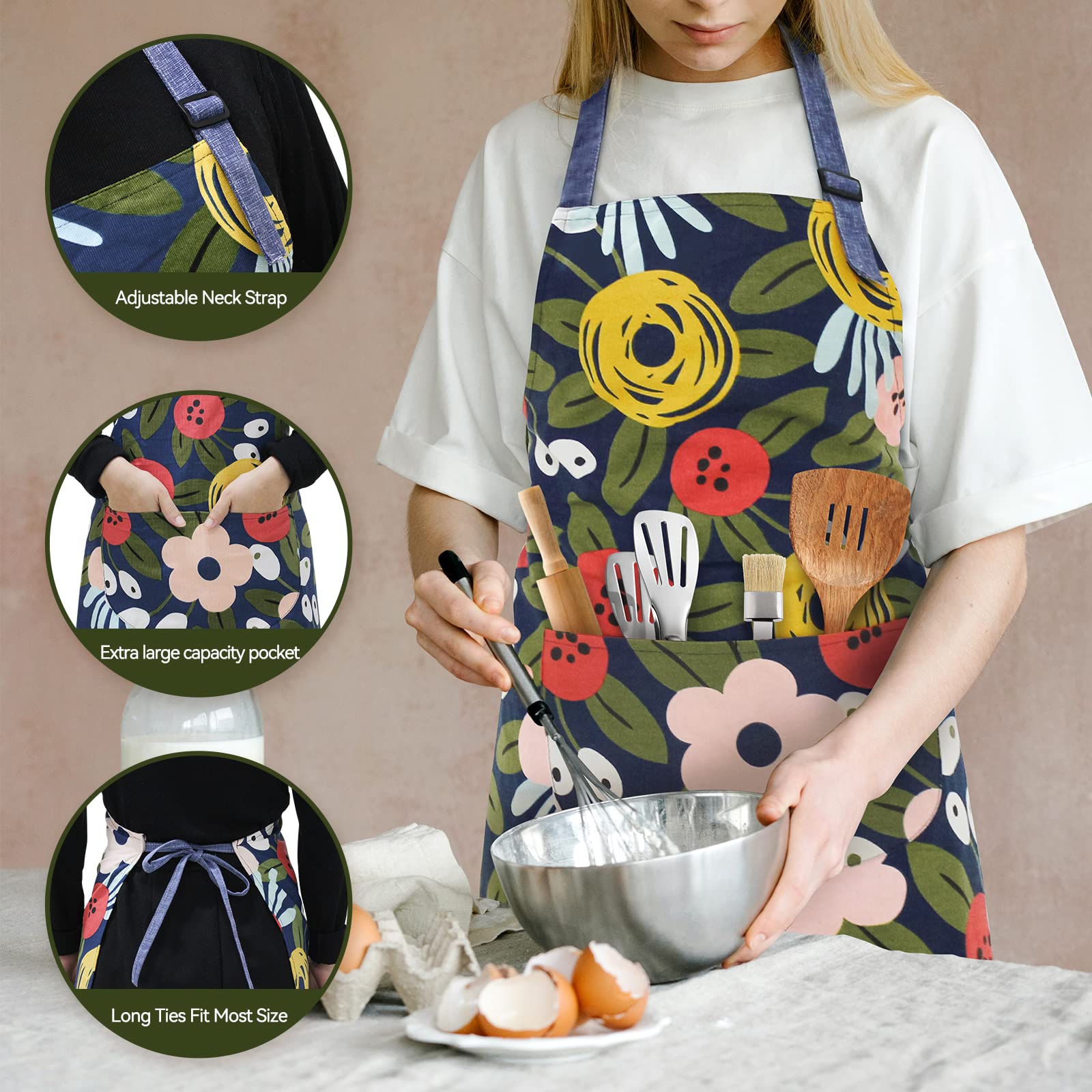 NLUS 2 Pieces Aprons for Women with Pockets, Adjustable Floral Kitchen Apron with Long Ties for Cooking, Drawing, Crafting(Black/Blue)