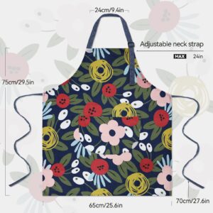 NLUS 2 Pieces Aprons for Women with Pockets, Adjustable Floral Kitchen Apron with Long Ties for Cooking, Drawing, Crafting(Black/Blue)