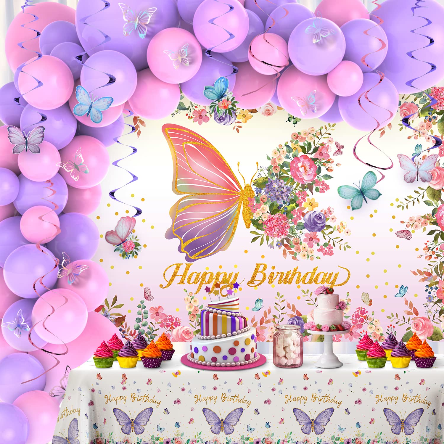 MOMOHOO Butterfly Birthday Party Decorations - 109Pcs Pink and Purple Balloons Arch Kit Butterfly Backdrop for Birthday Party, Butterfly Tablecover, Happy Birthday Banner Butterfly Stickers Decoration