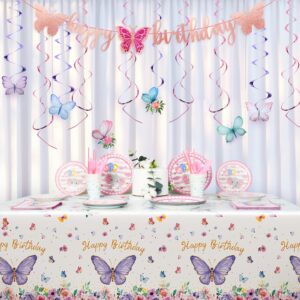 MOMOHOO Butterfly Birthday Party Decorations - 109Pcs Pink and Purple Balloons Arch Kit Butterfly Backdrop for Birthday Party, Butterfly Tablecover, Happy Birthday Banner Butterfly Stickers Decoration