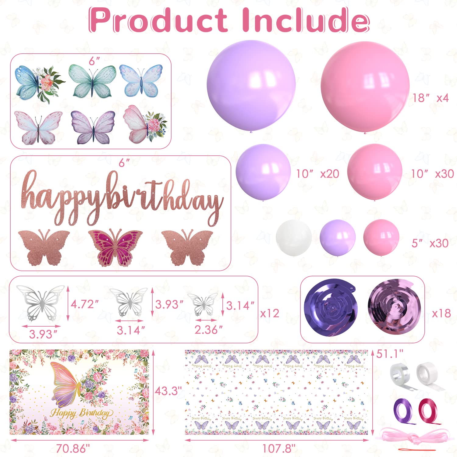 MOMOHOO Butterfly Birthday Party Decorations - 109Pcs Pink and Purple Balloons Arch Kit Butterfly Backdrop for Birthday Party, Butterfly Tablecover, Happy Birthday Banner Butterfly Stickers Decoration