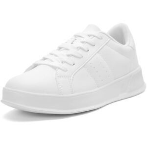 Lightweight White Leather Sneakers for Women - Comfort Lace Up Memory Foam Classic Walking Tennis Fashion Casual Skate Plain Shoes White Size 9