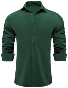 hi-tie hunter green long sleeve dress shirts for men stretch solid woven button down athletic fit no iron shirt 15.5 neck