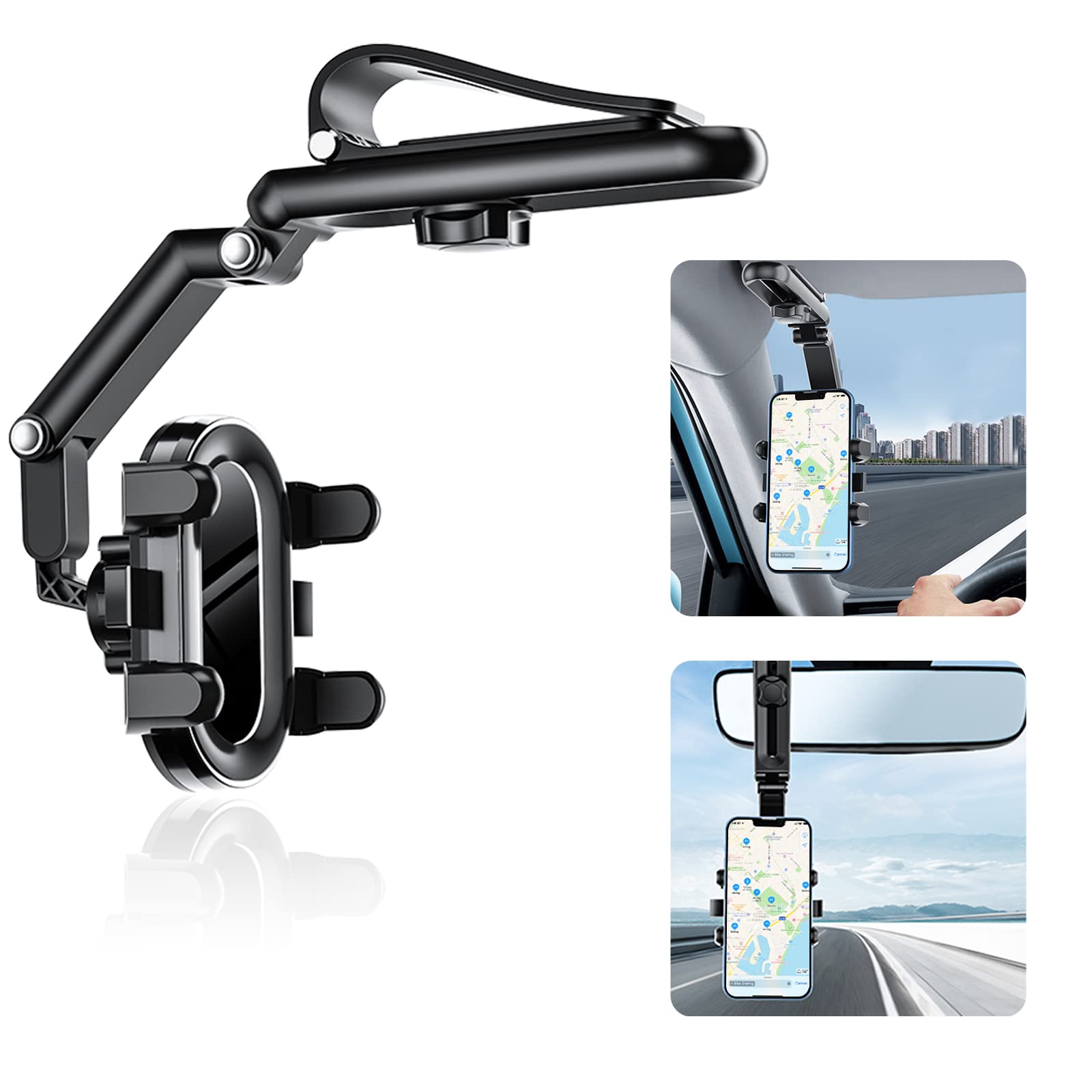 ElekTonny Cell Phone Holder for Car, Rotatable Car Sun Visor Rear View Mirror Phone Mount Multifunctional Automobile Cradle Clip [Upgrade Clip Never Fall] Fit All iPhone Android Smartphone