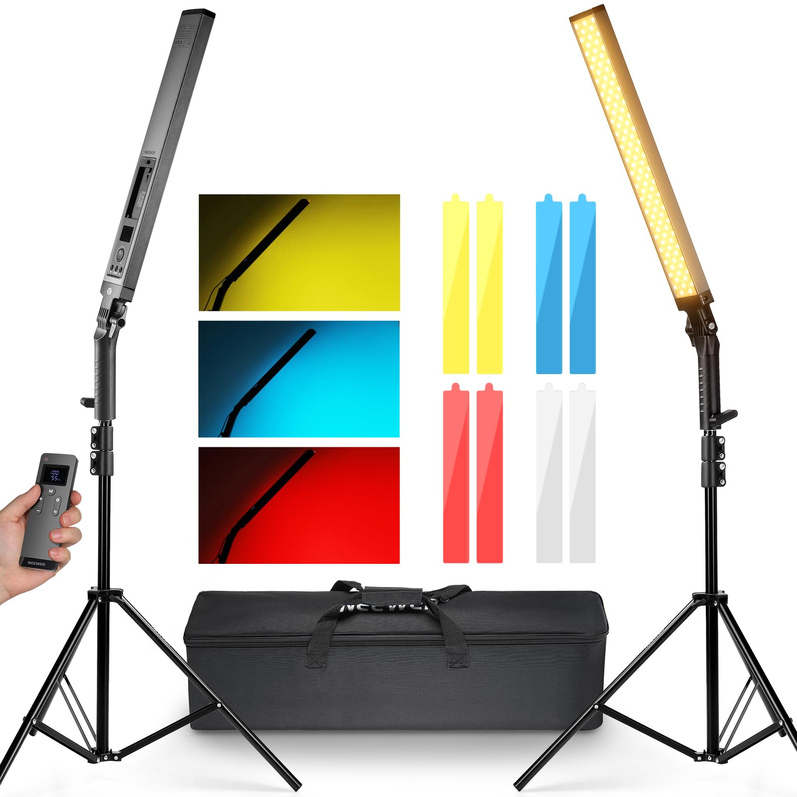 NEEWER Upgraded LED Video Light Stick & 2.4G Remote Kit, 2 Pack Handheld Dimmable 3200K~5600K CRI97+ Video Lighting with Stands/Filters/Carry Bag for YouTube Video Recording Photography Gaming, BH20B