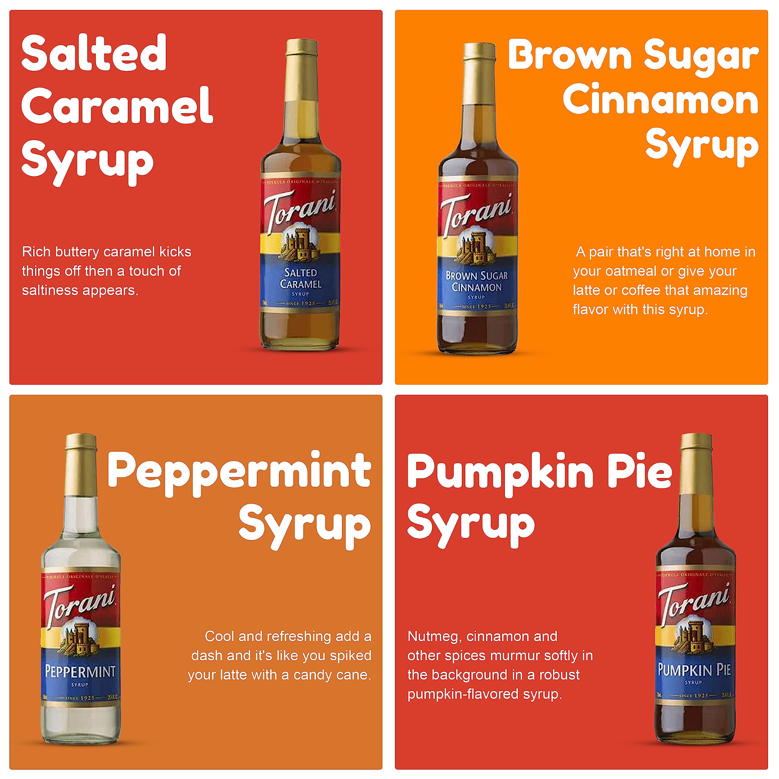 Fall Winter Syrup 4 Pack, Pumpkin Pie, Peppermint, Salted Caramel & Brown Sugar Cinnamon Coffee Soda Flavoring
