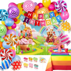 Tsoifu 124Pcs Candyland Party Decorations for Girl Boy Lollipop Birthday Party Supplies Candyland Backdrop and Candy Balloon Garland kit