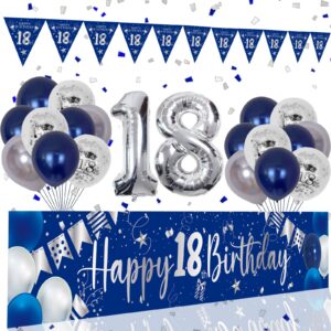 18th birthday decorations for boys and girls blue, happy 18th birthday backdrop banner balloons 18 years old party supplies with happy birthday banner silver 18 birthday decor 18th bday women her him