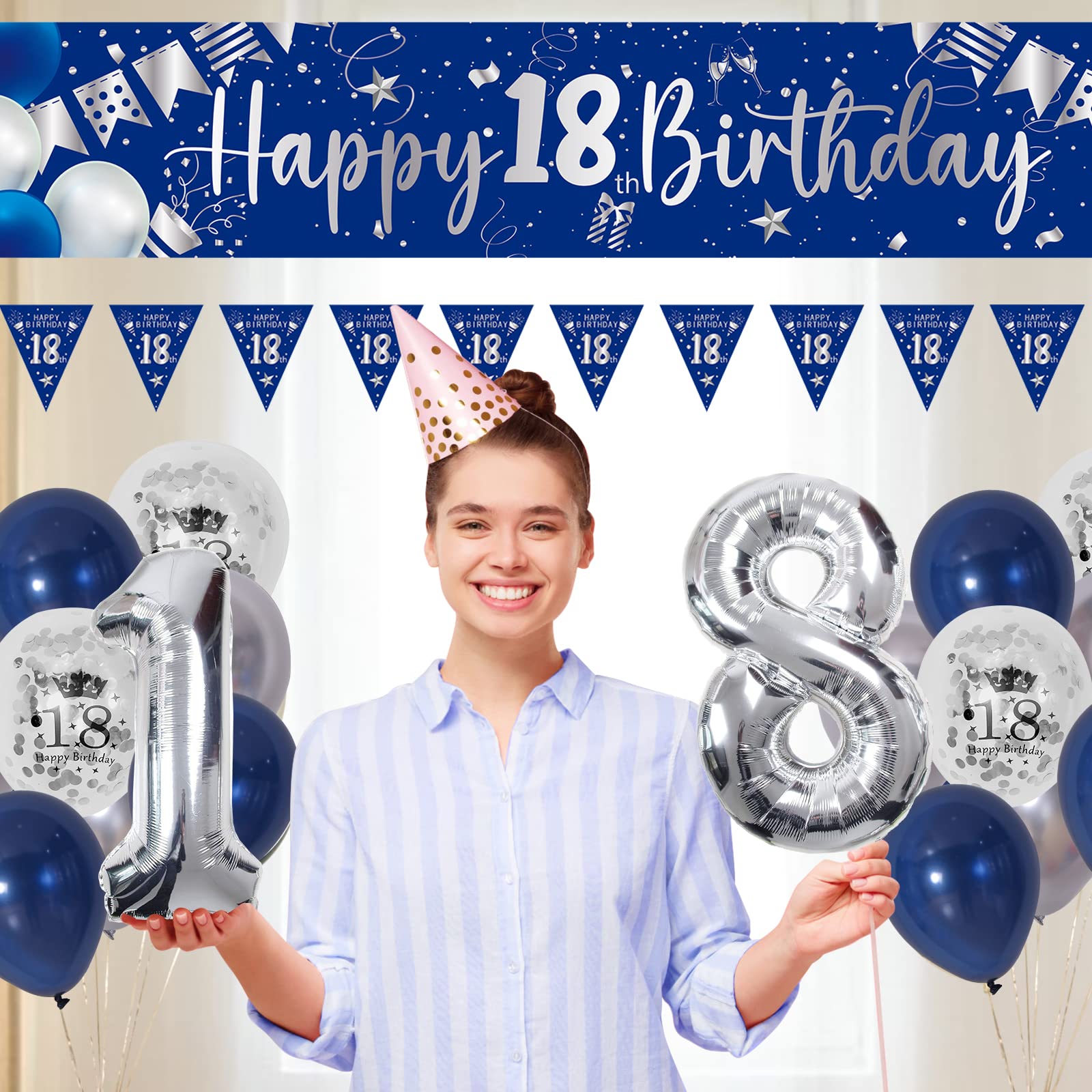 18th Birthday Decorations for Boys and Girls Blue, Happy 18th Birthday Backdrop Banner Balloons 18 Years Old Party Supplies with HAPPY BIRTHDAY Banner Silver 18 Birthday Decor 18th Bday Women Her Him