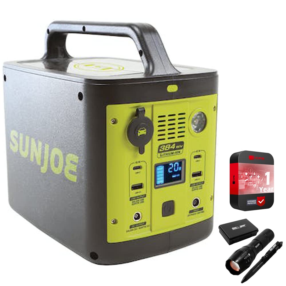 Sun Joe PPG400 384Wh 6-Amp Portable Power Generator with Outlets and USB Ports Bundle with 1 YR CPS Enhanced Protection Pack and Deco Gear Tactical Flashlight and Tactical Pen Set w/Case