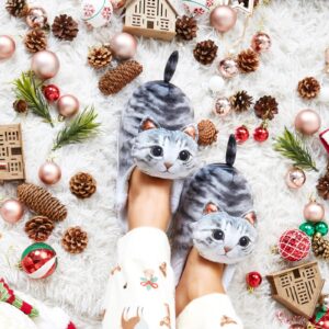 Funny Cat Slippers for Women, Kawaii Bedroom Fuzzy House Slippers,Indoor and Outdoor Animal Slippers,Cozy Non-Slip,Christmas Cat Gifts for Cat Lovers Gifts For Women/Men's/Girls (Grey Cat)