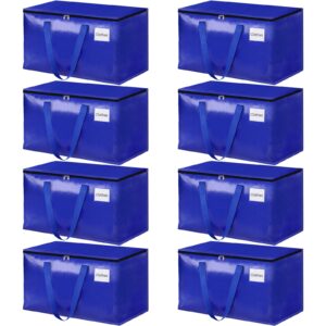 homehacks moving bags, 8-pack heavy duty with strong zippers and handles collapsible moving supplies, storage totes for packing & moving storing 93l (blue)