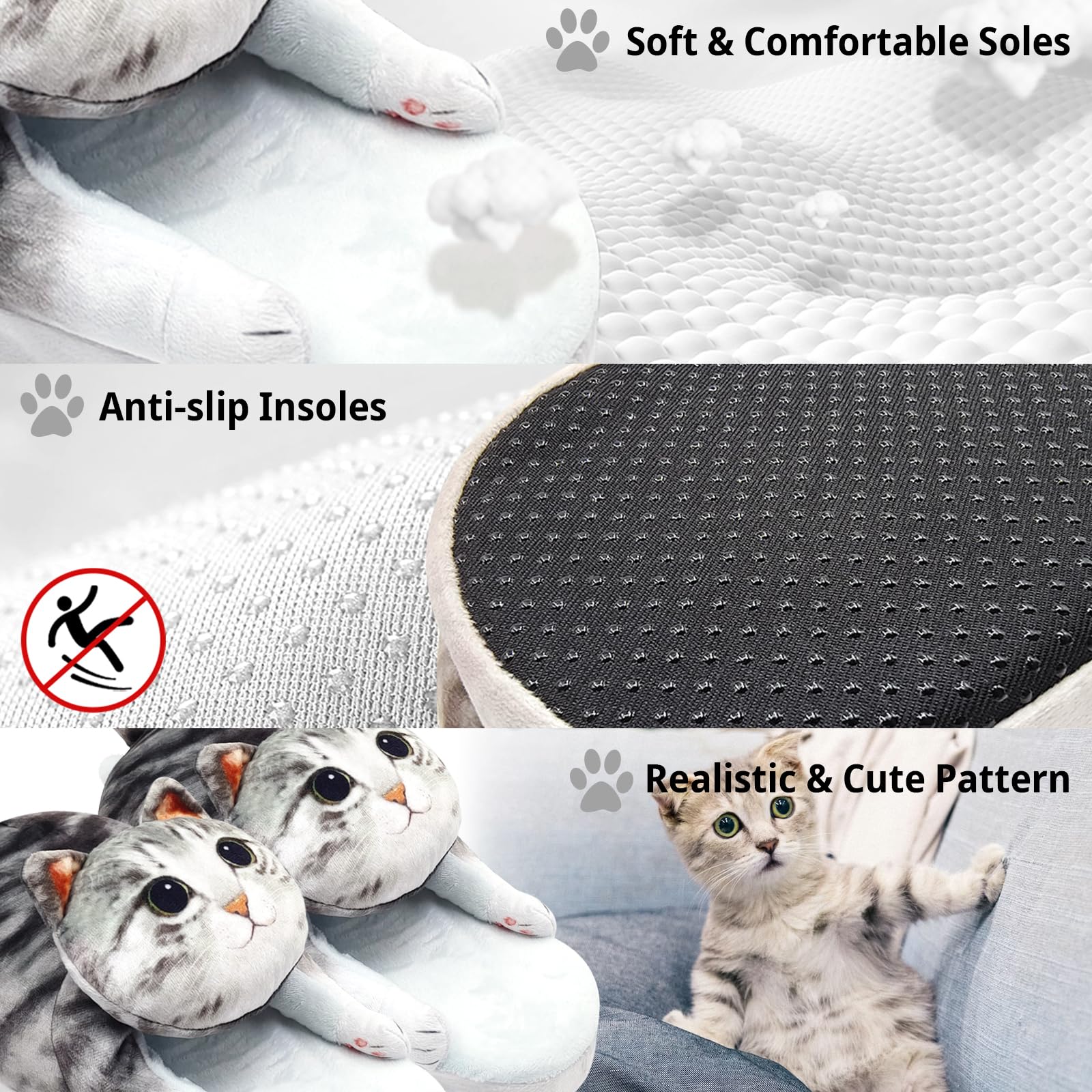 Funny Cat Slippers for Women, Kawaii Bedroom Fuzzy House Slippers,Indoor and Outdoor Animal Slippers,Cozy Non-Slip,Christmas Cat Gifts for Cat Lovers Gifts For Women/Men's/Girls (Grey Cat)