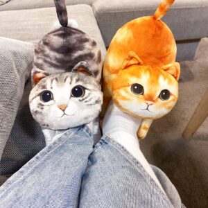 Funny Cat Slippers for Women, Kawaii Bedroom Fuzzy House Slippers,Indoor and Outdoor Animal Slippers,Cozy Non-Slip,Christmas Cat Gifts for Cat Lovers Gifts For Women/Men's/Girls (Grey Cat)