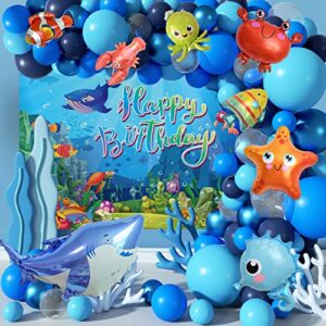 momohoo under the sea party decorations - 106pcs ocean theme birthday decorations blue balloons garland arch kit, under the sea backdrop, ocean animals foil balloons for pool party and beach party