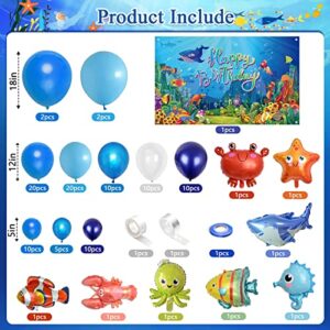 MOMOHOO Under The Sea Party Decorations - 106Pcs Ocean Theme Birthday Decorations Blue Balloons Garland Arch Kit, Under The Sea Backdrop, Ocean Animals Foil Balloons for Pool Party and Beach Party