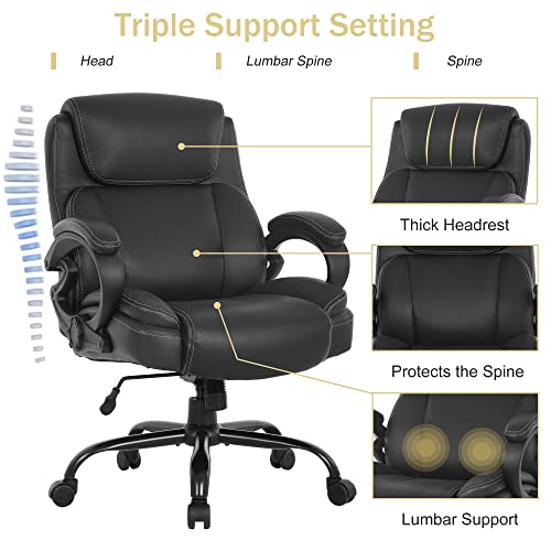 400lbs Big and Tall Office Chair Ergonomic Wide Seat Desk Chair with Head Lumbar Support Armrest, Heavy Duty Adjustable Rolling Swivel Computer Chair 43" H High Back PU Leather Executive Task Chair