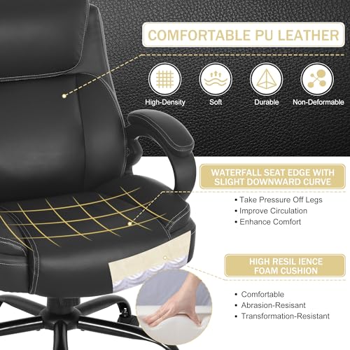 400lbs Big and Tall Office Chair Ergonomic Wide Seat Desk Chair with Head Lumbar Support Armrest, Heavy Duty Adjustable Rolling Swivel Computer Chair 43" H High Back PU Leather Executive Task Chair