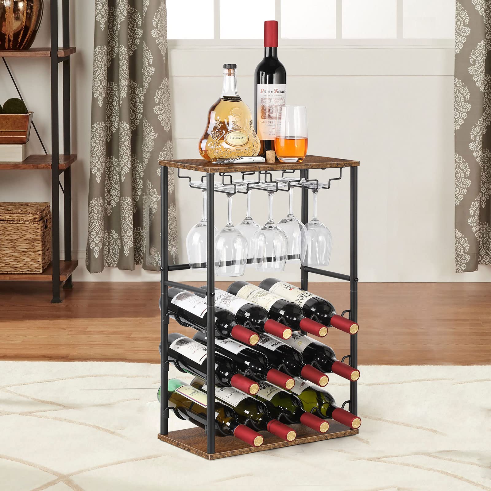 Wood Wine Rack, Countertop Wine Bar Rack, Wine Bar Cabinet with GlassBottle Holder, Metal and Wood Industrial Wine Cabinet for Home, Floor Liquor Wine Cabinet Storage, for Bar Kitchen Dining